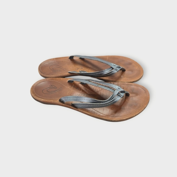 OluKai U'i Womens Silver Strap Leather Flip Flop Sandals Double Strap Sz 7 - Picture 6 of 6